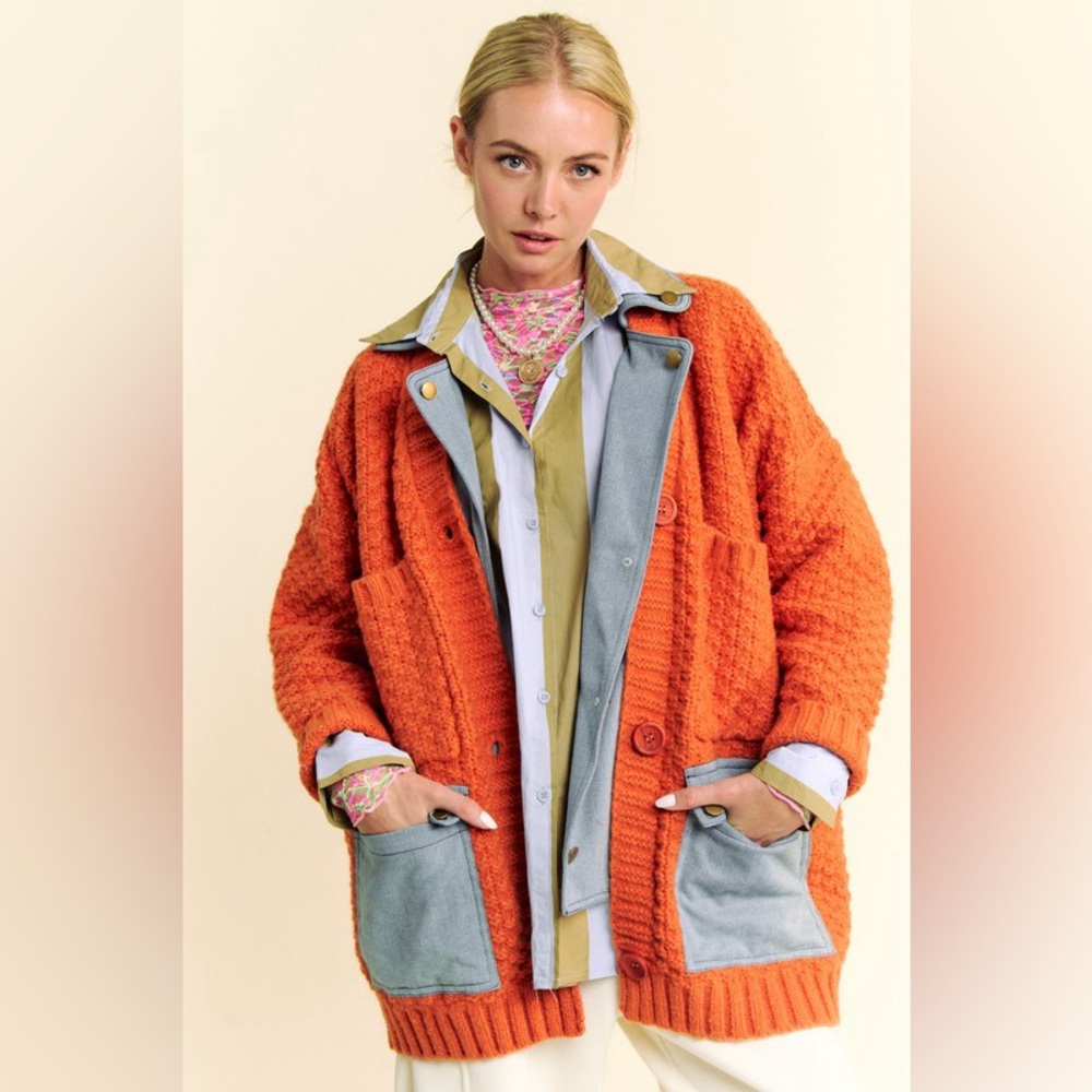 99B. Denim Collar Chunky Sweater Cardigan Jacket - Orange